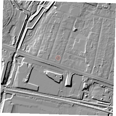 Shaded relief map of the ground around RM138DR, computed from Environment Agency LiDAR. The ground here sits at about 4 m above sea level and falls 9 m across the surrounding 800 m. Surface water reaching this point runs off ground lying to the north, 0.7 m higher.
