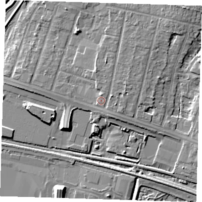 Shaded relief map of the ground around RM138DT, computed from Environment Agency LiDAR. The ground here sits at about 4 m above sea level and falls 9 m across the surrounding 800 m. Surface water reaching this point runs off ground lying to the north, 1.5 m higher.