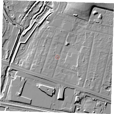 Shaded relief map of the ground around RM138DU, computed from Environment Agency LiDAR. The ground here sits at about 3 m above sea level and falls 13 m across the surrounding 800 m. Surface water reaching this point runs off ground lying to the north-north-east, 10.1 m higher.