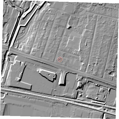 Shaded relief map of the ground around RM138DY, computed from Environment Agency LiDAR. The ground here sits at about 3 m above sea level and falls 8 m across the surrounding 800 m. The ground contributing surface water to this point lies to the south-west.