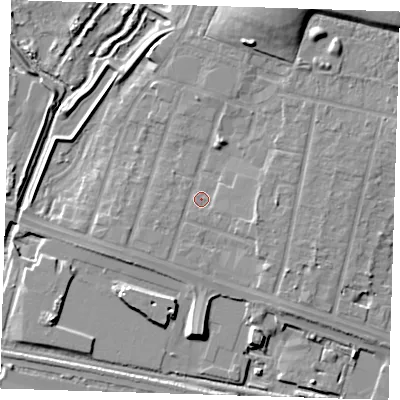Shaded relief map of the ground around RM138EA, computed from Environment Agency LiDAR. The ground here sits at about 3 m above sea level and falls 12 m across the surrounding 800 m. Surface water reaching this point runs off ground lying to the south-east, 2.5 m higher.