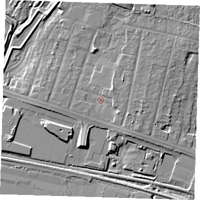 Shaded relief map of the ground around RM138EB, computed from Environment Agency LiDAR. The ground here sits at about 3 m above sea level and falls 8 m across the surrounding 800 m. Surface water reaching this point runs off ground lying to the south-east, 2.1 m higher.