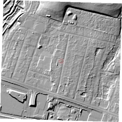 Shaded relief map of the ground around RM138EL, computed from Environment Agency LiDAR. The ground here sits at about 4 m above sea level and falls 14 m across the surrounding 800 m. Surface water reaching this point runs off ground lying to the south-west, 1.5 m higher.