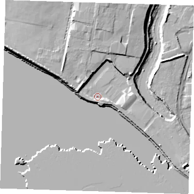 Shaded relief map of the ground around RM138EN, computed from Environment Agency LiDAR. The ground here sits at about 3 m above sea level and falls 11 m across the surrounding 800 m. Surface water reaching this point runs off ground lying to the north-east, 4.6 m higher.