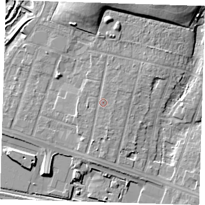 Shaded relief map of the ground around RM138ER, computed from Environment Agency LiDAR. The ground here sits at about 4 m above sea level and falls 13 m across the surrounding 800 m. Surface water reaching this point runs off ground lying to the west-south-west, 1.4 m higher.