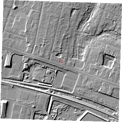 Shaded relief map of the ground around RM138ES, computed from Environment Agency LiDAR. The ground here sits at about 3 m above sea level and falls 9 m across the surrounding 800 m. Surface water reaching this point runs off ground lying to the west-north-west, 2.1 m higher.