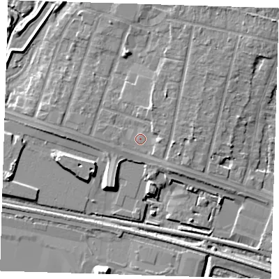 Shaded relief map of the ground around RM138ET, computed from Environment Agency LiDAR. The ground here sits at about 3 m above sea level and falls 9 m across the surrounding 800 m. Surface water reaching this point runs off ground lying to the east, 1.6 m higher.