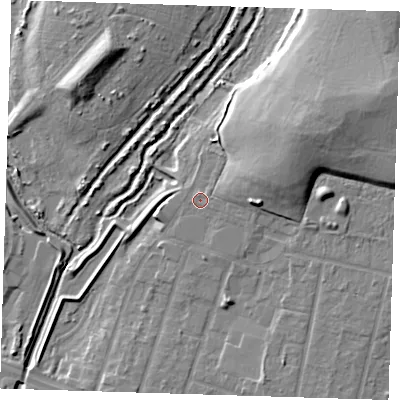 Shaded relief map of the ground around RM138FA, computed from Environment Agency LiDAR. The ground here sits at about 4 m above sea level and falls 16 m across the surrounding 800 m. Surface water reaching this point runs off ground lying to the east-north-east, 7.7 m higher.