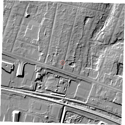 Shaded relief map of the ground around RM138FD, computed from Environment Agency LiDAR. The ground here sits at about 4 m above sea level and falls 9 m across the surrounding 800 m. Surface water reaching this point runs off ground lying to the west, 1.4 m higher.
