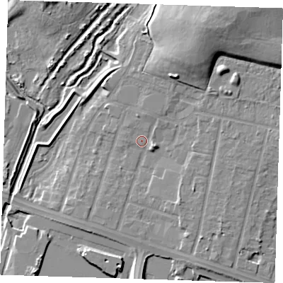 Shaded relief map of the ground around RM138FP, computed from Environment Agency LiDAR. The ground here sits at about 3 m above sea level and falls 16 m across the surrounding 800 m. Surface water reaching this point runs off ground lying to the east-south-east, 2.2 m higher.