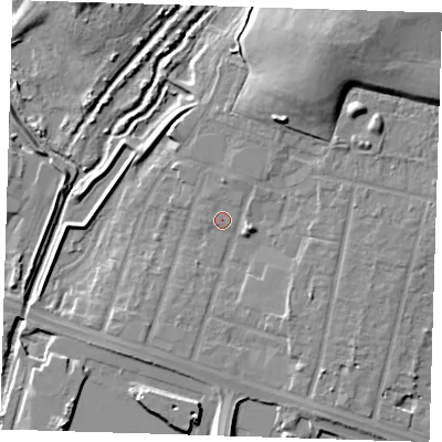 Shaded relief map of the ground around RM138FQ, computed from Environment Agency LiDAR. The ground here sits at about 3 m above sea level and falls 16 m across the surrounding 800 m. Surface water reaching this point runs off ground lying to the north-north-east, 1.2 m higher.