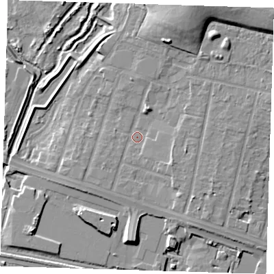 Shaded relief map of the ground around RM138FR, computed from Environment Agency LiDAR. The ground here sits at about 2 m above sea level and falls 13 m across the surrounding 800 m. Surface water reaching this point runs off ground lying to the north-north-east, 10.5 m higher.