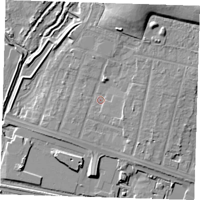Shaded relief map of the ground around RM138FS, computed from Environment Agency LiDAR. The ground here sits at about 2 m above sea level and falls 13 m across the surrounding 800 m. Surface water reaching this point runs off ground lying to the north-north-east, 10.4 m higher.