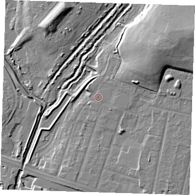 Shaded relief map of the ground around RM138FT, computed from Environment Agency LiDAR. The ground here sits at about 3 m above sea level and falls 16 m across the surrounding 800 m. Surface water reaching this point runs off ground lying to the north-west, 1.2 m higher.
