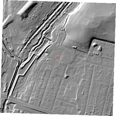 Shaded relief map of the ground around RM138FY, computed from Environment Agency LiDAR. The ground here sits at about 3 m above sea level and falls 16 m across the surrounding 800 m. Surface water reaching this point runs off ground lying to the north-east, 9.1 m higher.