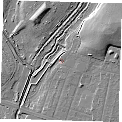 Shaded relief map of the ground around RM138GE, computed from Environment Agency LiDAR. The ground here sits at about 3 m above sea level and falls 16 m across the surrounding 800 m. Surface water reaching this point runs off ground lying to the north-north-west, 4.3 m higher.