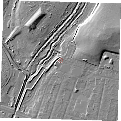 Shaded relief map of the ground around RM138GF, computed from Environment Agency LiDAR. The ground here sits at about 3 m above sea level and falls 16 m across the surrounding 800 m. Surface water reaching this point runs off ground lying to the east-north-east, 2.1 m higher.