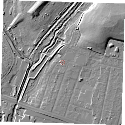 Shaded relief map of the ground around RM138GH, computed from Environment Agency LiDAR. The ground here sits at about 3 m above sea level and falls 16 m across the surrounding 800 m. Surface water reaching this point runs off ground lying to the north-north-east, 1.0 m higher.