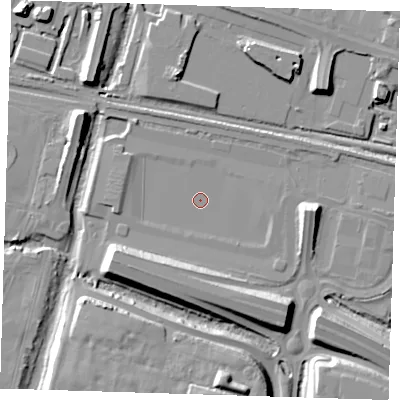 Shaded relief map of the ground around RM138GJ, computed from Environment Agency LiDAR. The ground here sits at about 2 m above sea level and falls 13 m across the surrounding 800 m. Surface water reaching this point runs off ground lying to the west-south-west, 8.1 m higher.