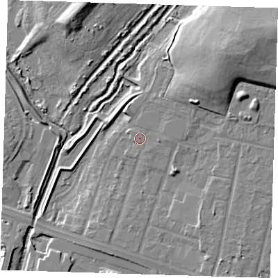 Shaded relief map of the ground around RM138GL, computed from Environment Agency LiDAR. The ground here sits at about 3 m above sea level and falls 16 m across the surrounding 800 m. Surface water reaching this point runs off ground lying to the north-east, 9.1 m higher.