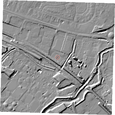Shaded relief map of the ground around RM138GP, computed from Environment Agency LiDAR. The ground here sits at about 2 m above sea level and falls 12 m across the surrounding 800 m. Surface water reaching this point runs off ground lying to the south-south-east, 4.1 m higher.