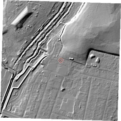 Shaded relief map of the ground around RM138GU, computed from Environment Agency LiDAR. The ground here sits at about 4 m above sea level and falls 17 m across the surrounding 800 m. Surface water reaching this point runs off ground lying to the north-east, 8.5 m higher.