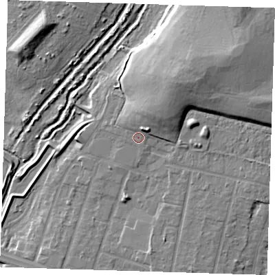Shaded relief map of the ground around RM138GY, computed from Environment Agency LiDAR. The ground here sits at about 4 m above sea level and falls 17 m across the surrounding 800 m. Surface water reaching this point runs off ground lying to the north-east, 8.0 m higher.
