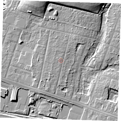Shaded relief map of the ground around RM138HB, computed from Environment Agency LiDAR. The ground here sits at about 4 m above sea level and falls 12 m across the surrounding 800 m. Surface water reaching this point runs off ground lying to the north-north-east, 2.2 m higher.