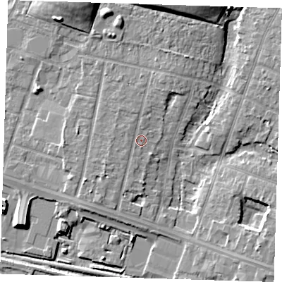 Shaded relief map of the ground around RM138HD, computed from Environment Agency LiDAR. The ground here sits at about 3 m above sea level and falls 11 m across the surrounding 800 m. Surface water reaching this point runs off ground lying to the north-north-east, 2.3 m higher.