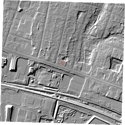 Shaded relief map of the ground around RM138HF, computed from Environment Agency LiDAR. The ground here sits at about 3 m above sea level and falls 9 m across the surrounding 800 m. Surface water reaching this point runs off ground lying to the west-north-west, 1.7 m higher.