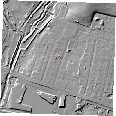 Shaded relief map of the ground around RM138HJ, computed from Environment Agency LiDAR. The ground here sits at about 2 m above sea level and falls 14 m across the surrounding 800 m. Surface water reaching this point runs off ground lying to the north-north-east, 11.7 m higher.