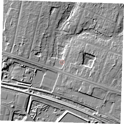 Shaded relief map of the ground around RM138HL, computed from Environment Agency LiDAR. The ground here sits at about 2 m above sea level and falls 7 m across the surrounding 800 m. Surface water reaching this point runs off ground lying to the east, 5.7 m higher.