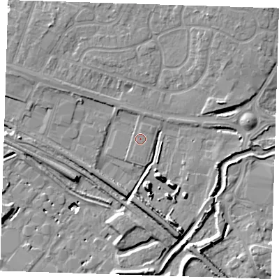 Shaded relief map of the ground around RM138HQ, computed from Environment Agency LiDAR. The ground here sits at about 3 m above sea level and falls 12 m across the surrounding 800 m. Surface water reaching this point runs off ground lying to the north-east, 0.6 m higher.