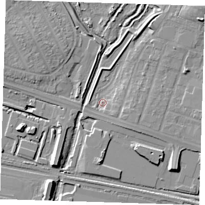 Shaded relief map of the ground around RM138HS, computed from Environment Agency LiDAR. The ground here sits at about 1 m above sea level and falls 13 m across the surrounding 800 m. Surface water reaching this point runs off ground lying to the north-east, 9.8 m higher.