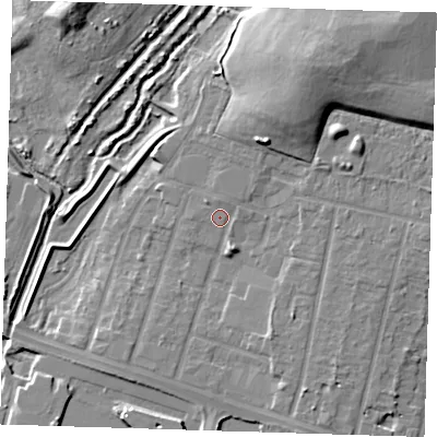 Shaded relief map of the ground around RM138HT, computed from Environment Agency LiDAR. The ground here sits at about 3 m above sea level and falls 16 m across the surrounding 800 m. Surface water reaching this point runs off ground lying to the north-north-east, 0.9 m higher.