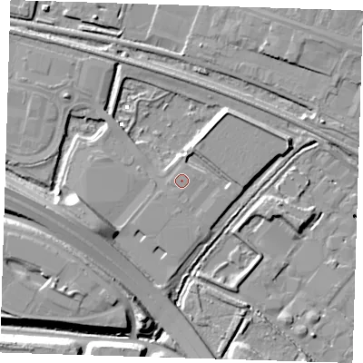 Shaded relief map of the ground around RM138HY, computed from Environment Agency LiDAR. The ground here sits at about 3 m above sea level and falls 13 m across the surrounding 800 m. The ground contributing surface water to this point lies to the north-east.