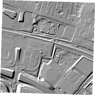 Shaded relief map of the ground around RM138HZ, computed from Environment Agency LiDAR. The ground here sits at about 3 m above sea level and falls 12 m across the surrounding 800 m. The ground contributing surface water to this point lies to the north-north-east.
