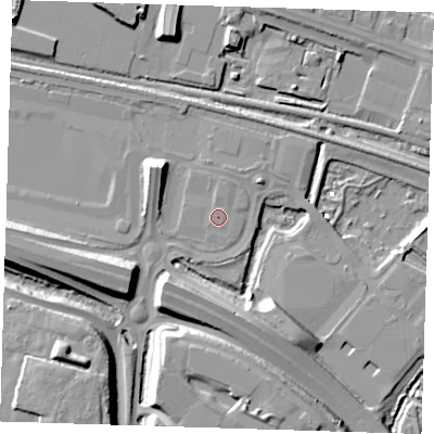 Shaded relief map of the ground around RM138JE, computed from Environment Agency LiDAR. The ground here sits at about 3 m above sea level and falls 12 m across the surrounding 800 m. Surface water reaching this point runs off ground lying to the north-north-east, 0.6 m higher.
