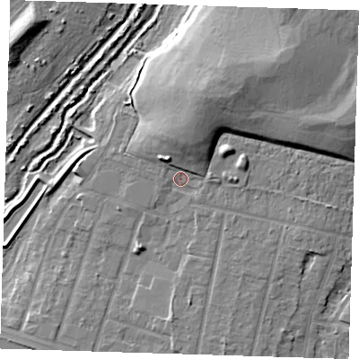 Shaded relief map of the ground around RM138JF, computed from Environment Agency LiDAR. The ground here sits at about 4 m above sea level and falls 17 m across the surrounding 800 m. Surface water reaching this point runs off ground lying to the north-north-east, 11.6 m higher.