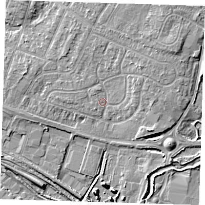 Shaded relief map of the ground around RM138JL, computed from Environment Agency LiDAR. The ground here sits at about 4 m above sea level and falls 9 m across the surrounding 800 m. Surface water reaching this point runs off ground lying to the north-east, 4.1 m higher.