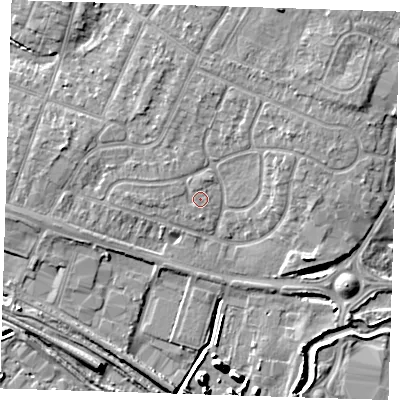 Shaded relief map of the ground around RM138JR, computed from Environment Agency LiDAR. The ground here sits at about 4 m above sea level and falls 9 m across the surrounding 800 m. Surface water reaching this point runs off ground lying to the south, 0.6 m higher.