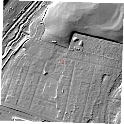 Shaded relief map of the ground around RM138JW, computed from Environment Agency LiDAR. The ground here sits at about 4 m above sea level and falls 17 m across the surrounding 800 m. Surface water reaching this point runs off ground lying to the north-north-east, 12.7 m higher.