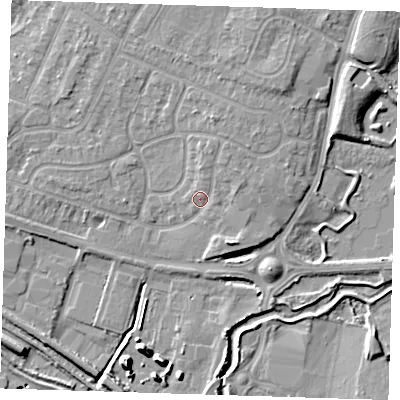 Shaded relief map of the ground around RM138JX, computed from Environment Agency LiDAR. The ground here sits at about 5 m above sea level and falls 11 m across the surrounding 800 m. Surface water reaching this point runs off ground lying to the north-east, 2.2 m higher.