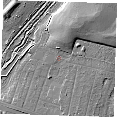 Shaded relief map of the ground around RM138JY, computed from Environment Agency LiDAR. The ground here sits at about 4 m above sea level and falls 17 m across the surrounding 800 m. Surface water reaching this point runs off ground lying to the north-north-east, 11.7 m higher.