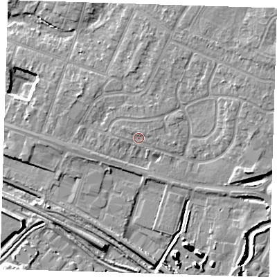 Shaded relief map of the ground around RM138LA, computed from Environment Agency LiDAR. The ground here sits at about 4 m above sea level and falls 11 m across the surrounding 800 m. Surface water reaching this point runs off ground lying to the west-north-west, 0.9 m higher.