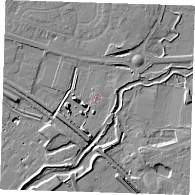 Shaded relief map of the ground around RM138LF, computed from Environment Agency LiDAR. The ground here sits at about 3 m above sea level and falls 12 m across the surrounding 800 m. Surface water reaching this point runs off ground lying to the west-north-west, 0.9 m higher.