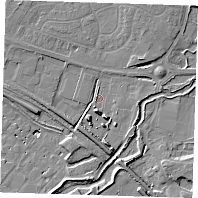 Shaded relief map of the ground around RM138LG, computed from Environment Agency LiDAR. The ground here sits at about 3 m above sea level and falls 12 m across the surrounding 800 m. Surface water reaching this point runs off ground lying to the south, 7.2 m higher.