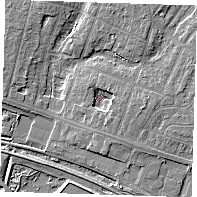 Shaded relief map of the ground around RM138LH, computed from Environment Agency LiDAR. The ground here sits at about 1 m above sea level and falls 7 m across the surrounding 800 m. Surface water reaching this point runs off ground lying to the east, 5.4 m higher.