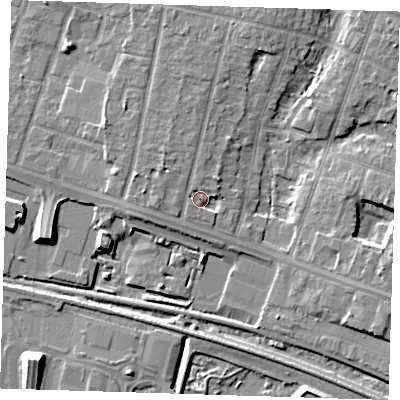 Shaded relief map of the ground around RM138LJ, computed from Environment Agency LiDAR. The ground here sits at about 3 m above sea level and falls 9 m across the surrounding 800 m. Surface water reaching this point runs off ground lying to the north-north-west, 2.3 m higher.