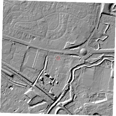 Shaded relief map of the ground around RM138LN, computed from Environment Agency LiDAR. The ground here sits at about 3 m above sea level and falls 12 m across the surrounding 800 m. Surface water reaching this point runs off ground lying to the north-north-east, 4.5 m higher.